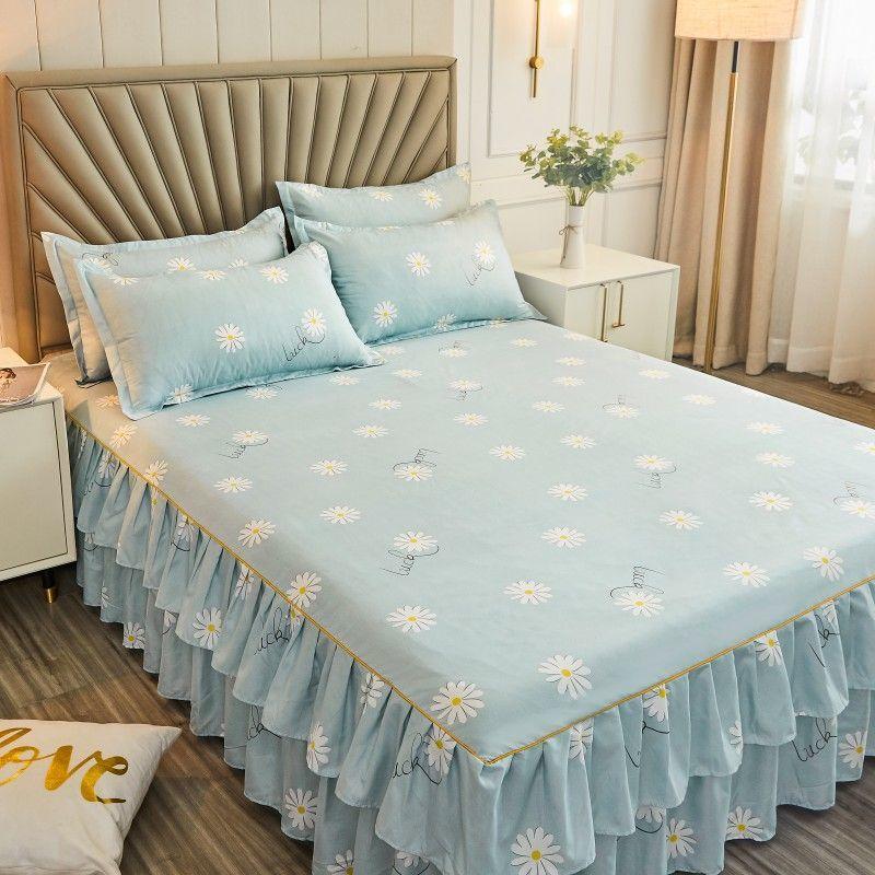 Floral Pattern Bed Skirt Set Mattress Anti Slip Protective Cover for Household Bedding Double Layered Skirt Dustproof Bed Cover