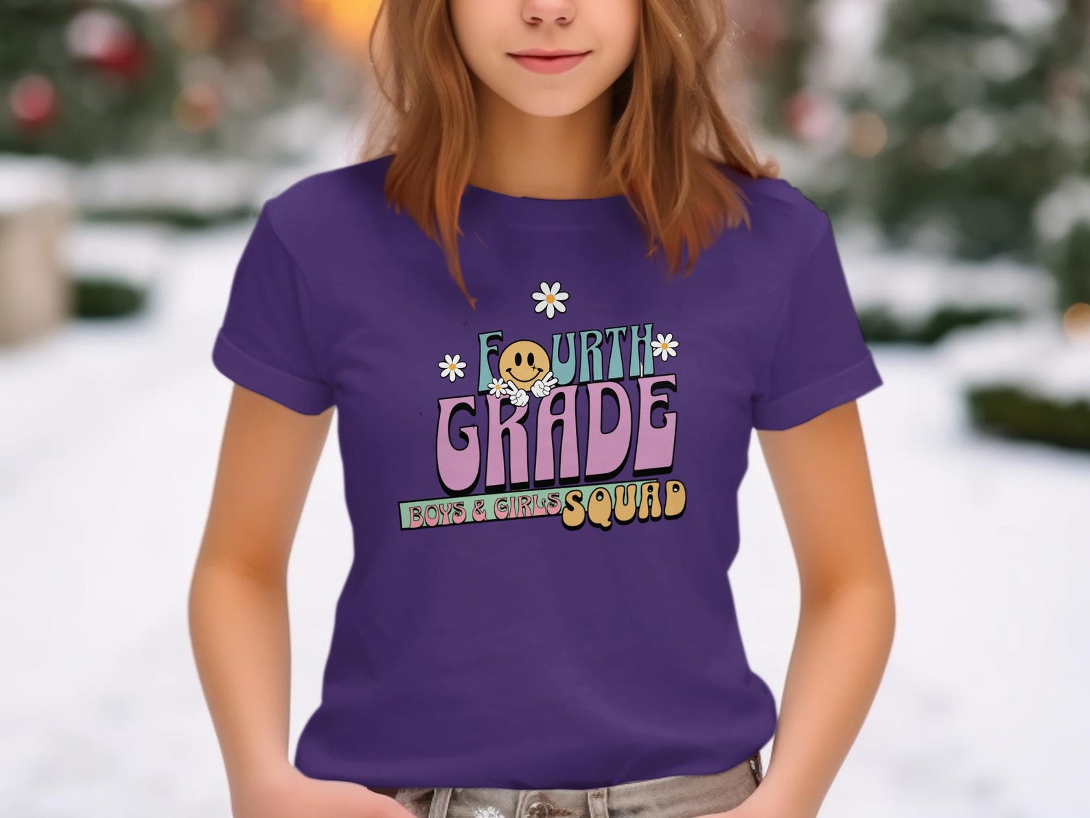 Fourth Grade Boys Girls Squad T-Shirt, Retro Smiley Daisy Back to School Tee M