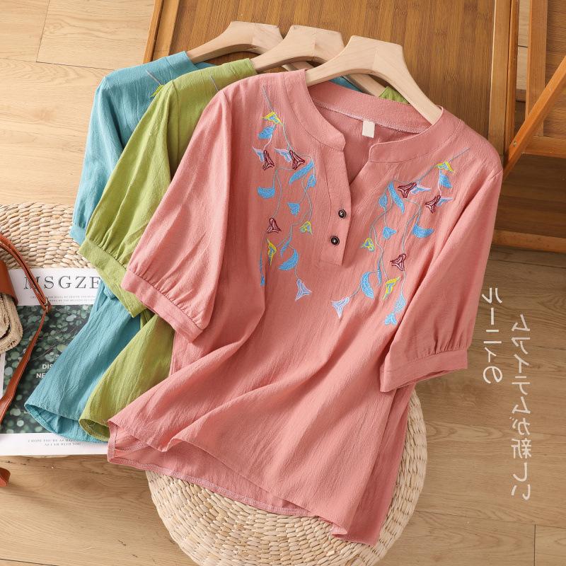 T-shirt women's five-quarter sleeves 1116 summer new loose cotton and linen casual versatile and thin round neck embroidered top