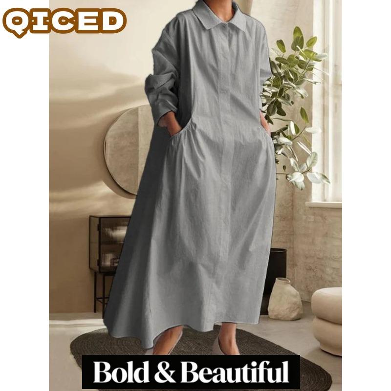 QICED Fashion Summer Spring Solid Color Print Long Sleeve POLO Neck Casual Dresses