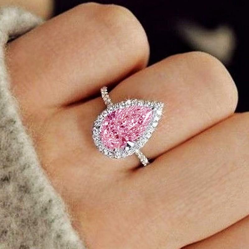 Pink/Crystal Waterdrop Cubic Zircon Rings for Women Classic Design Eternity Wedding Engagement Rings Silver Color Jewelry