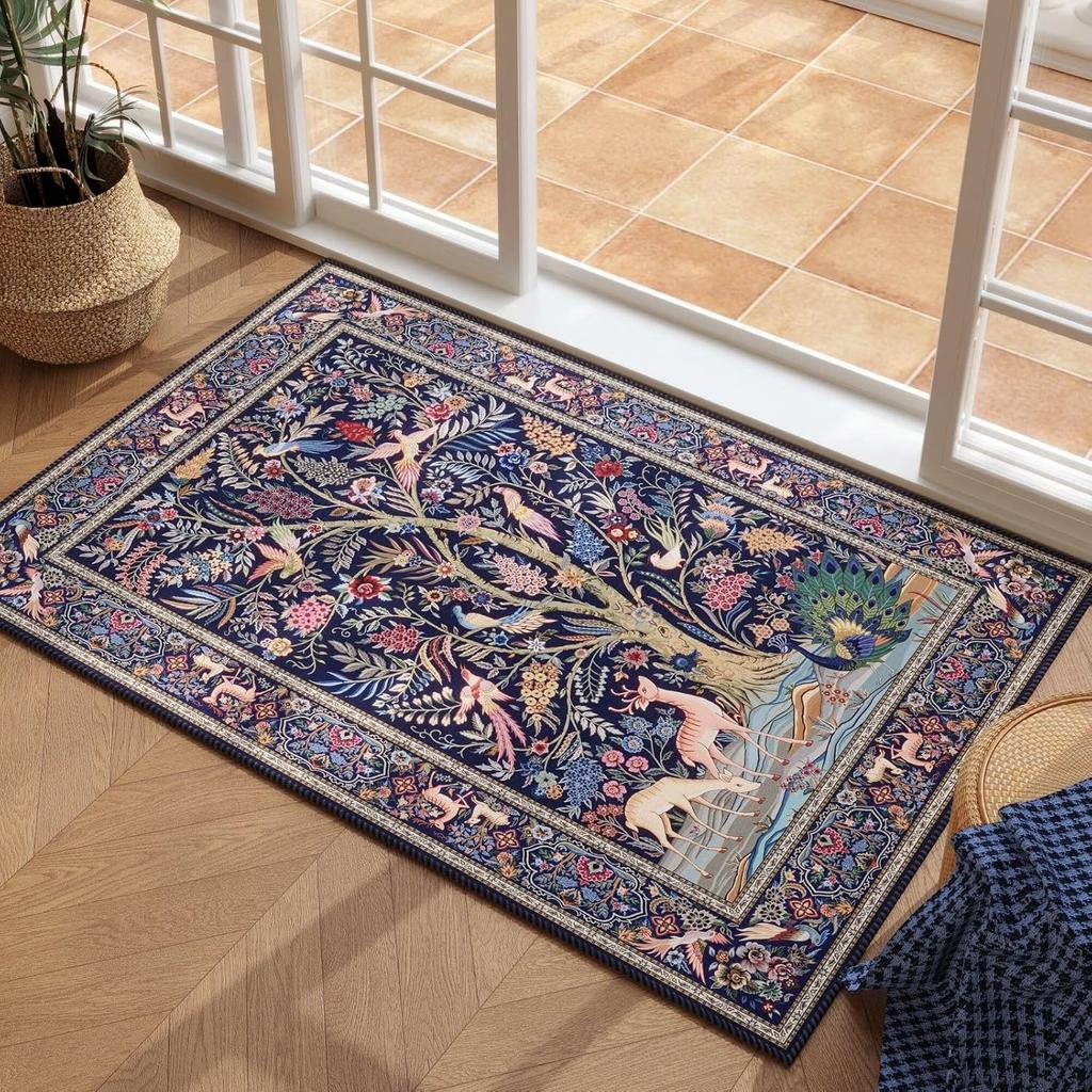 Living Room Carpet Non-slip Machine Washable Easily Foldable Rug Green Vintage Plant Tree Pattern Mats Doormat for Home Decor