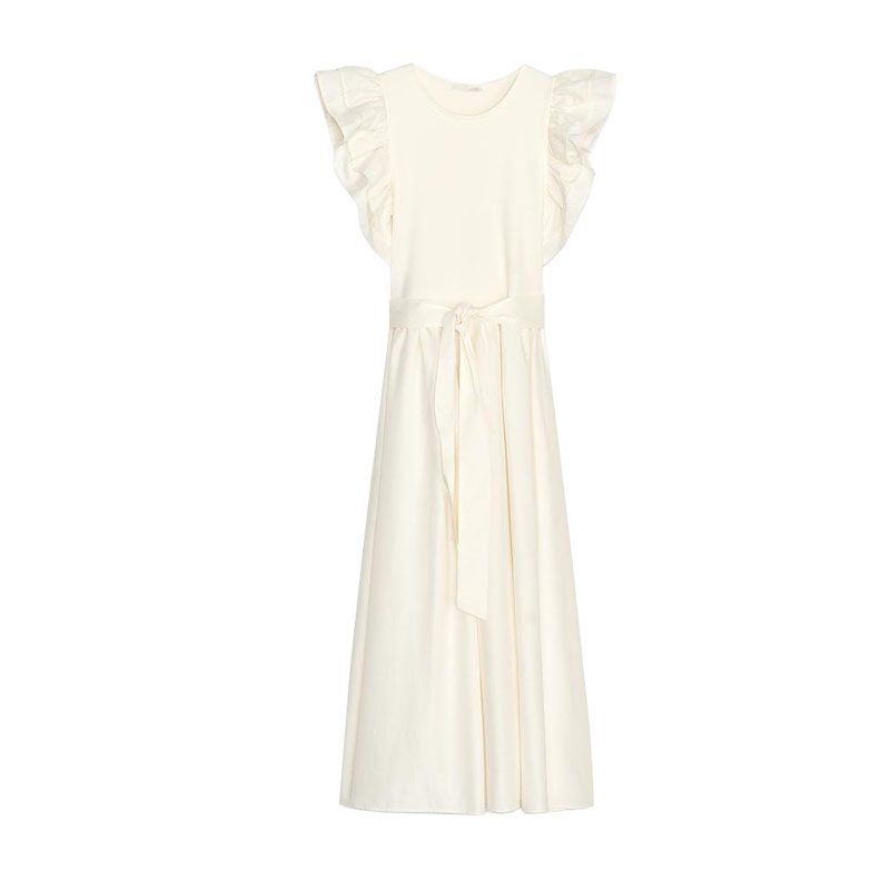 

Summer New Women clothes Seaside Holiday Style With Belt Laminated Decoration round Neck Patchwork Dress 4174212 Light beige L