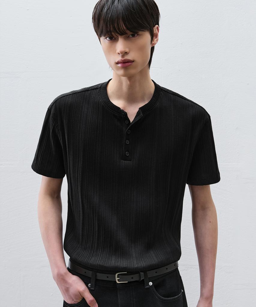 DRAW FIT Fine Ribbed Henley Neck Half T-Shirt [Black]