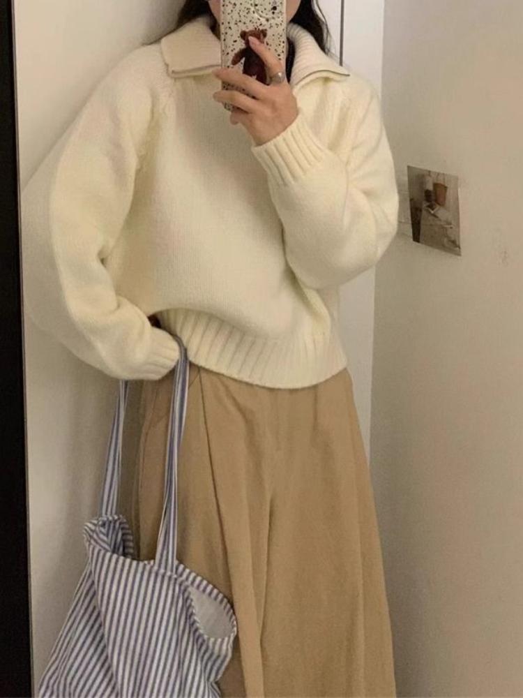 Design Sense Semi-zipper Lapel Pullover Women's Autumn and Winter New Korean Stand-up Collar Loose Temperament Sweater To Wear Outside