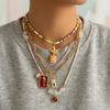 5PCS/Set Fashionable Multi-Layer Starfish Drop Oil Square Fish Pendant Beaded Necklace for Women Colorful Choker Cool And Trendy