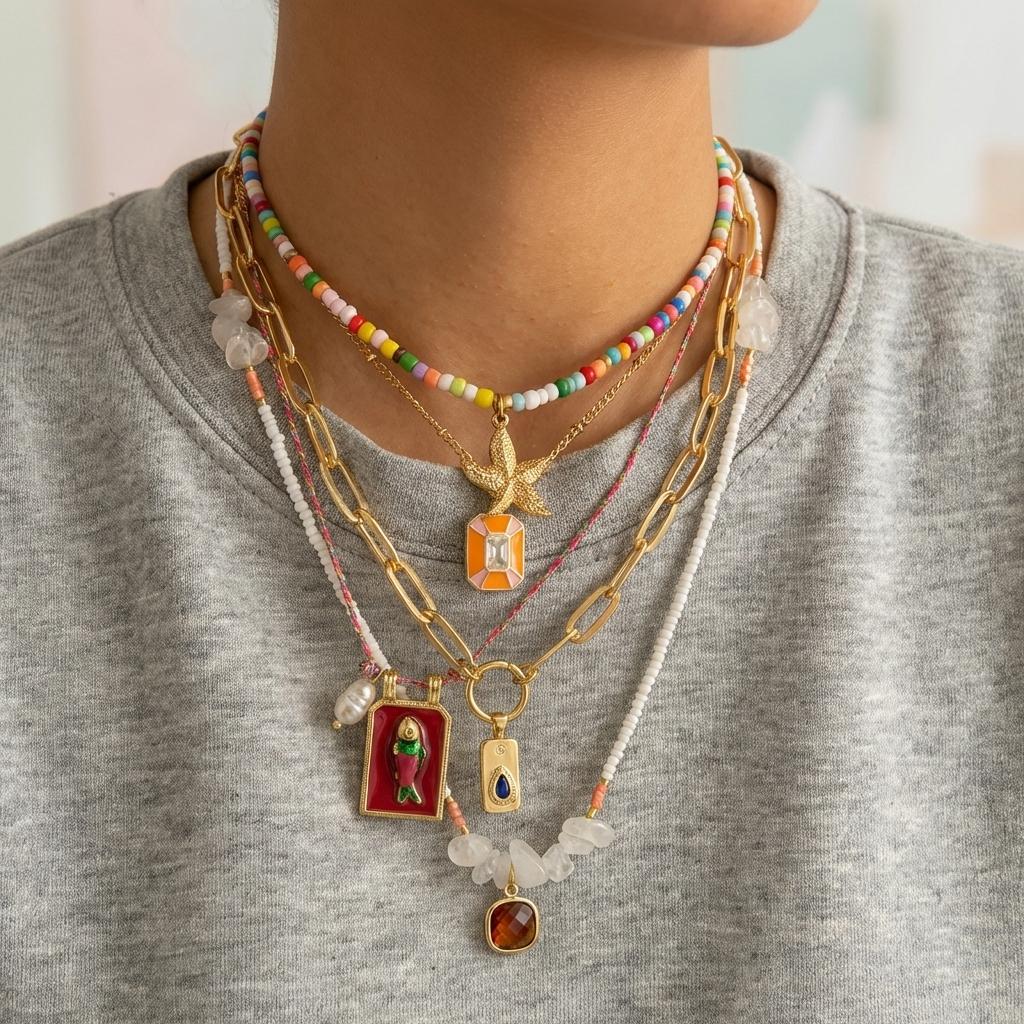 5PCS/Set Fashionable Multi-Layer Starfish Drop Oil Square Fish Pendant Beaded Necklace for Women Colorful Choker Cool And Trendy