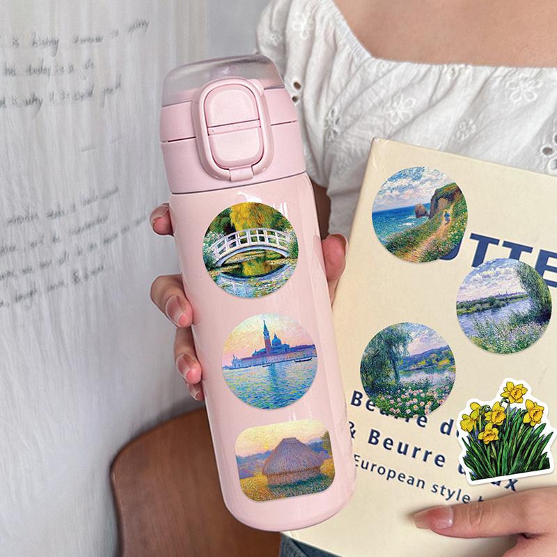 

50Pcs Oil Painting Landscape Stickers Waterproof Vinyl Decals For Luggage And Notebooks Assorted Small Sizes Graffiti Stickers Multicolor