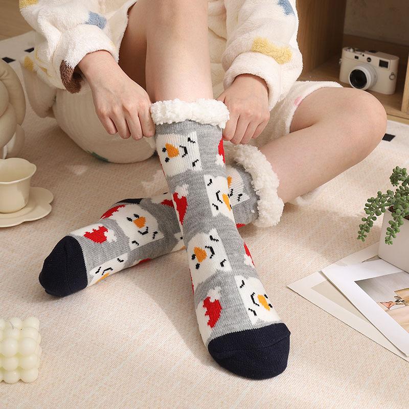 Winter Christmas Themed Women Lamb Fleece Floor Socks, Adult Non-Slip Indoor Snow Socks for Home Carpet