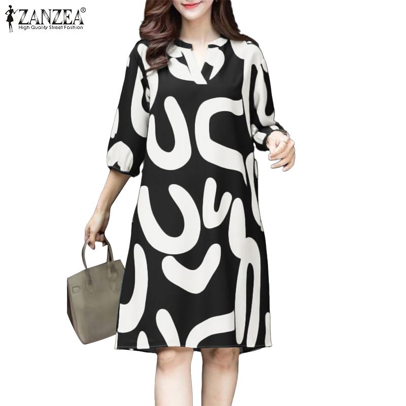 ZANZEA Women Summer V-Neck 3/4 Sleeve Casual Print Dress