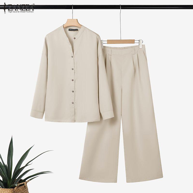 ZANZEA Women Long Sleeve Blouse and Pants Casual Two Piece Suit Sets