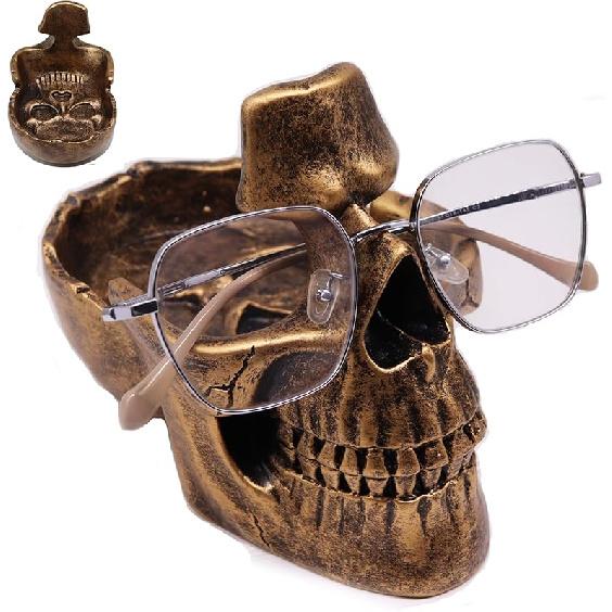 Glasses Holder for Nightstand, Creative Glasses Stand, Skull Glasses Holder, Skull Resin Sculpture for Home, Office - Bronze