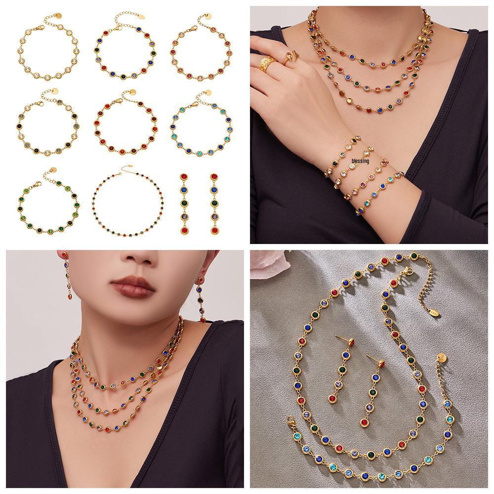Elegantes Armband- und Halskettenset aus 5A-Zirkonia-Edelstahl mit farbigen Diamantquasten-Ohrringen