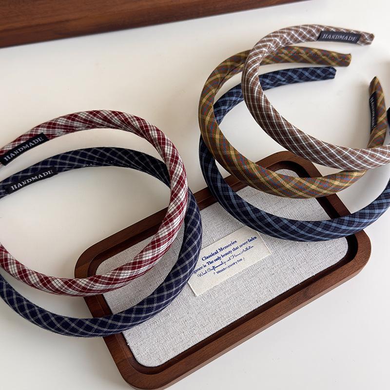 Vintage Preppy Style Fine Plaid Headband Sweet Plaid  Girly Fine Edge Sponge High Skull Top Hair Hoop