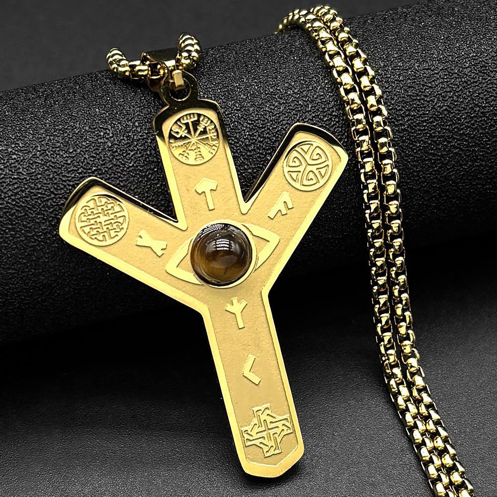 Nordic Viking Rune Odin's Eye Compass Cross Pendant Necklace for Women Men Celtic Knot Natural Stone Chain Divination Jewelry