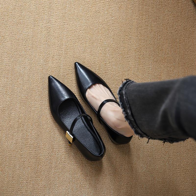 Low-heeled black temperament Mary Jane single shoes women's shoes new spring and autumn flat-bottomed pointed evening shoes