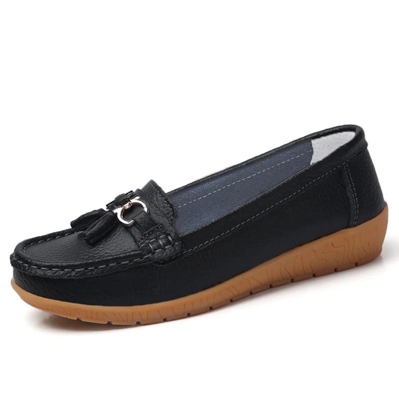 Damen Ballerinas Mode Echtes Leder Keilabsatz Retro Damenschuh Quaste Damen Loafers Slip On Weiche Damen Mokassins Übergröße