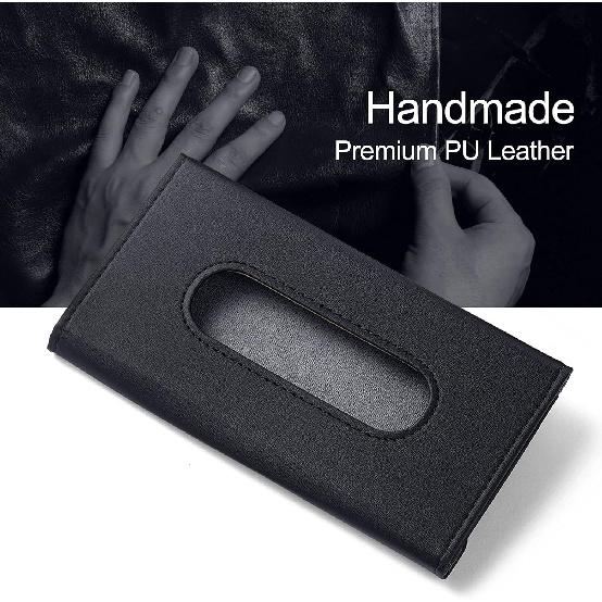 Car Tissue Holder, Upgraded Version Hanging Tissue Holder In Car, Premium PU Leather Car Napkin Holder For Universal Auto, Easy Use (Black)