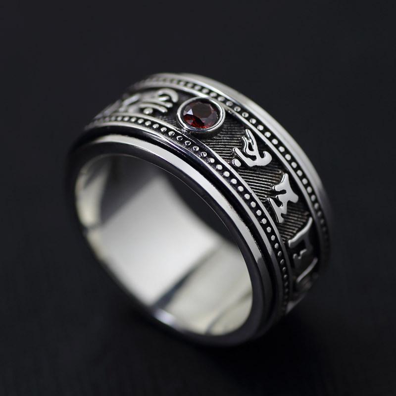 Retro Double Layer Rotatable Ring Men Jewelry Blessing Six-syllable Great Bright Mantra Ring Male Index Finger Accessories Sizes