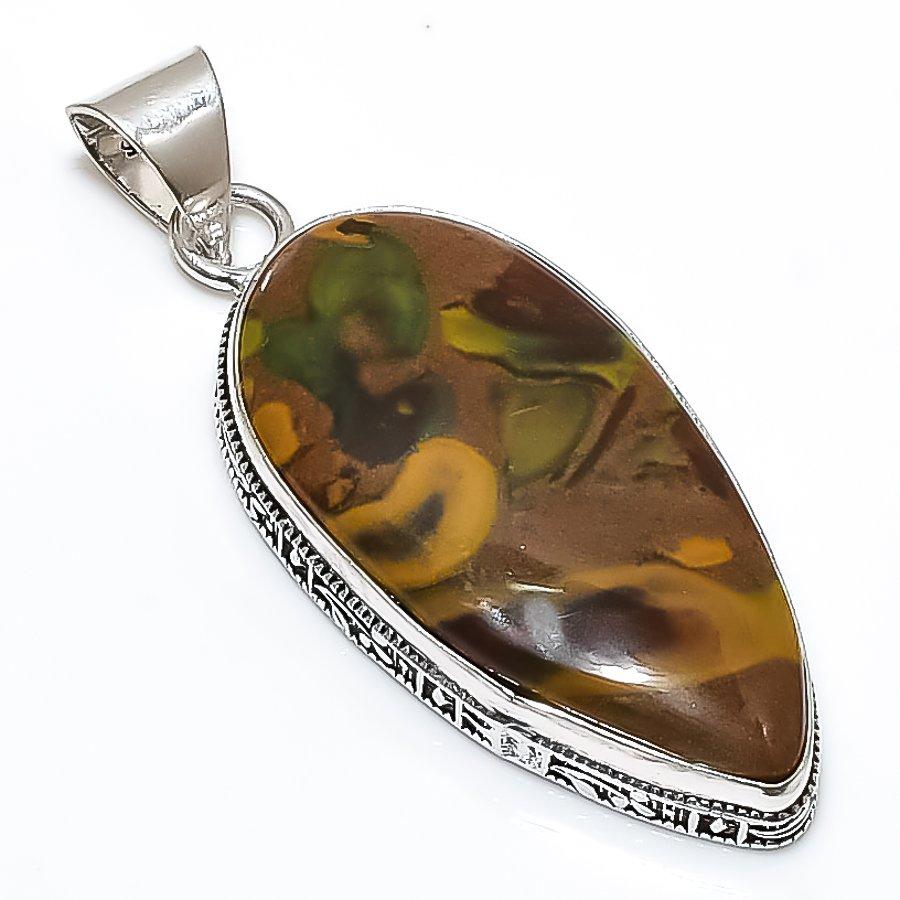 Bamboo Jasper Gemstone Handmade 925 Sterling Silver Jewelry Pendant 2.09" SU-10674