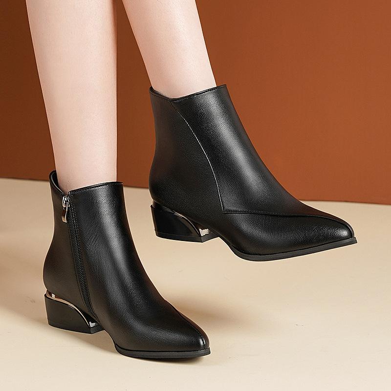 Short boots women's new autumn pointed middle heel warm and ankle leather boots 35-41