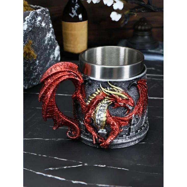 Western Monster Dragon Mark Coffee Cup, Stainless Steel Dragon Statue Water Cup, 3D Castle Guardian Dragon Beer Cup
