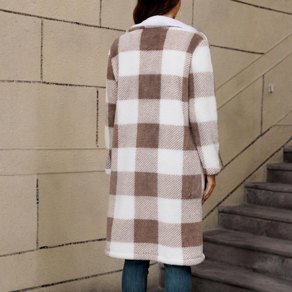 Women's Fashion Casual Warm Thickened Two-Color Plush Mid-Length Hooded Button Cardigan Coat