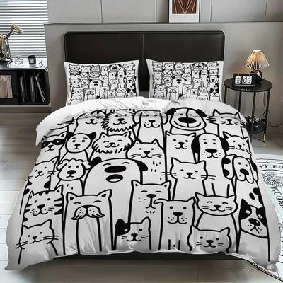 3pcs Duvet Cover Set King Size, Cartoon Black and White Cat and Dog Pattern Print, and Bedding Set for Bedroom,Hotel