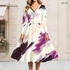 Women Plus Size V Neck Long Sleeve Printed Cyan A Line Dress With Tie Waist