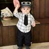 Spring Baby Out Year-Old Clothes New Baby Gentleman Bow Tie Plaid Shirt Children Handsome Tooling Jeans