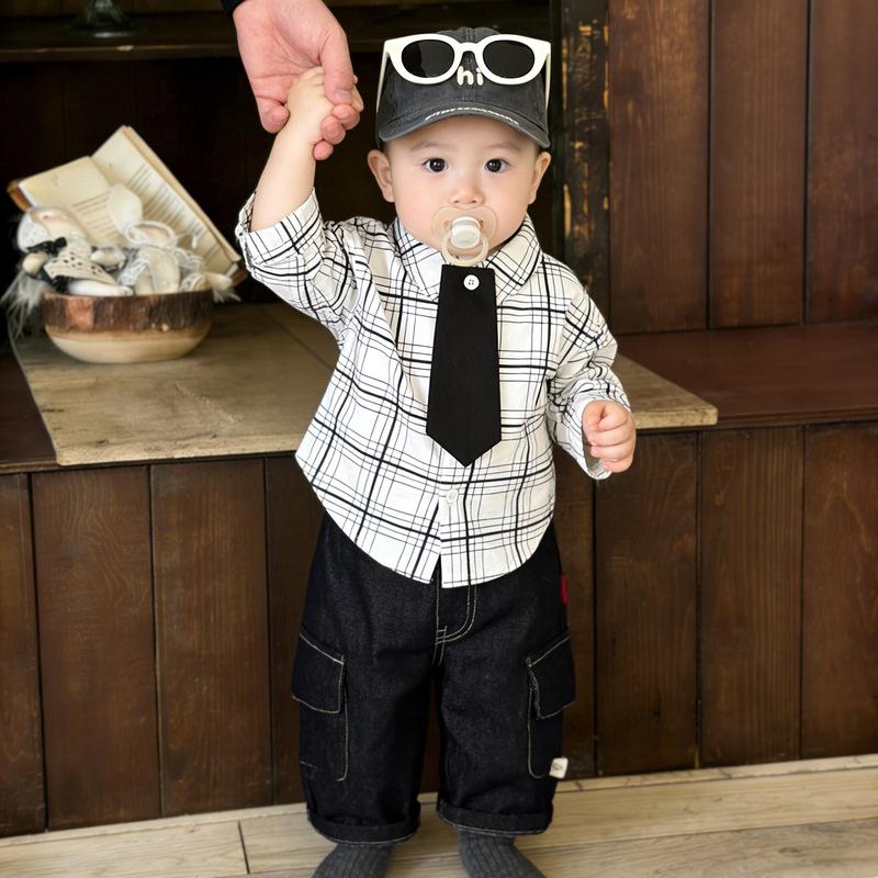 Spring Baby Out Year-Old Clothes New Baby Gentleman Bow Tie Plaid Shirt Children Handsome Tooling Jeans