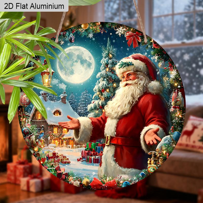 Panneau de Noël en Aluminium Coloré Plat 2D - Ornements Figurine Navidad avec Motif Père Noël & Couronne - Idéal pour Porte d'Entrée, Mur, Porche, Clôture
