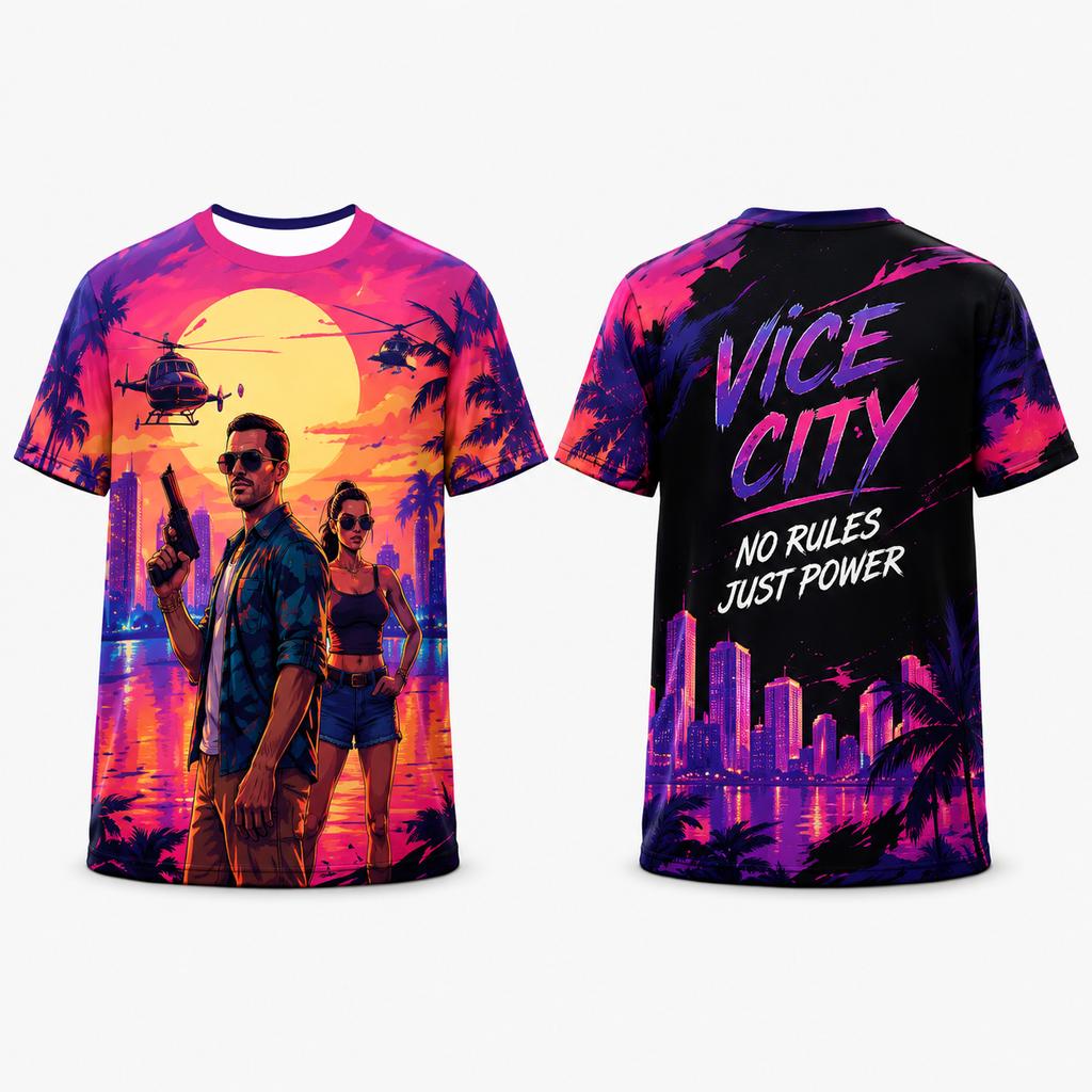 Vice City Retro Synthwave Double Sided Print T Shirt Unisex Miami Palm Tree Sports Tee Breathable Mesh Quick Dry Streetwear Top