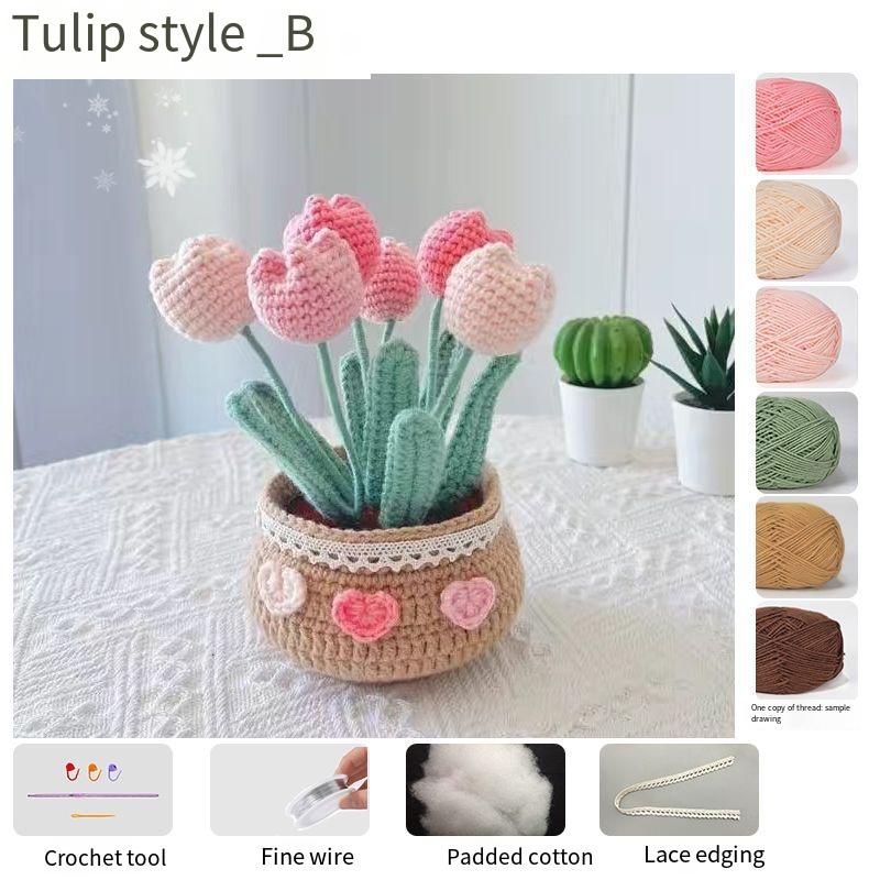 

Крючковатый цветок Готовый продукт Тканый тюльпан Маргаритка Цветок в горшке Букет Пряжа Вязание крючком Материал Сумка Украшение Цветок