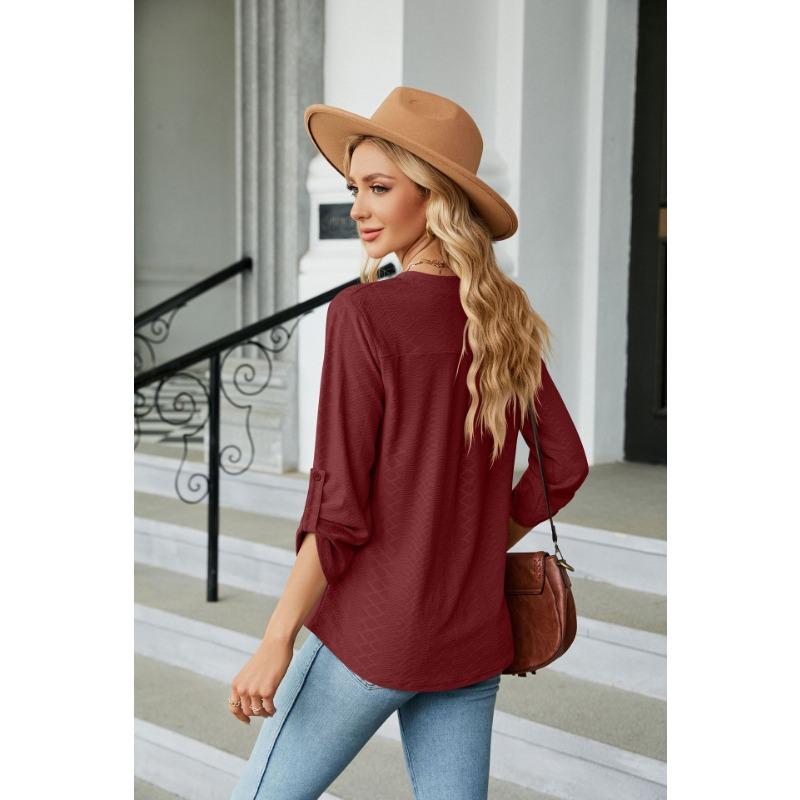 YYFS Blusas y camisas con cuello en V y mangas 3/4 con estampado de color sólido informal para verano y primavera para mujer