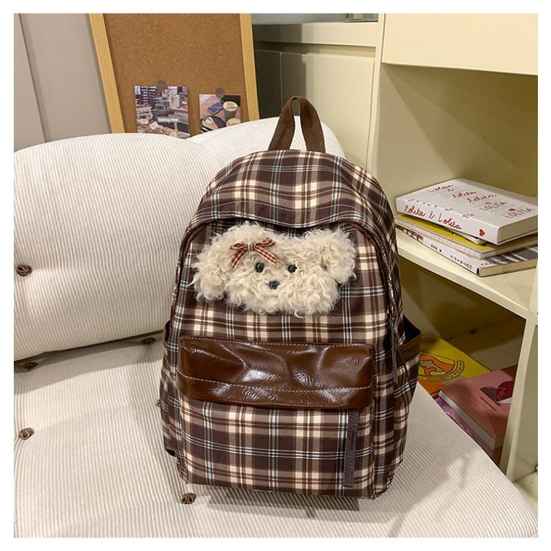 Plaid Backpack Female Retro Junior High School Students High School Students Cute Puppy Leisure Backpack.