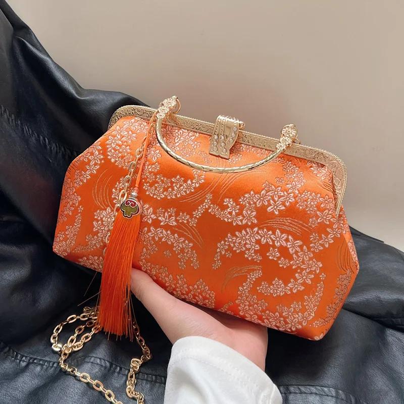 Luxury Evening  For Women  Designer  Lock  Shell Clip  Handmade  Tassel  Fabric Bags  Shoulder Chain Bags  Orange Messenger Bags