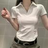Haut Court pour Femme à Col Polo et Col en V, Coupe Ajustée, Manches Courtes