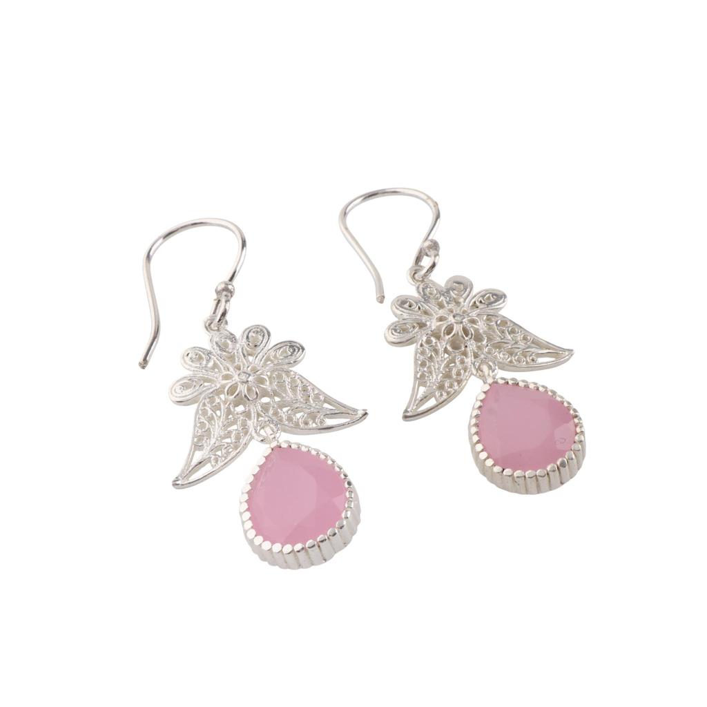Růžový chalcedon Drahokam 925 Sterlingového Stříbra Šperky Ručně vyráběné Háčkované Náušnice 1,84" K Narozeninovému Dárku CE-23-14