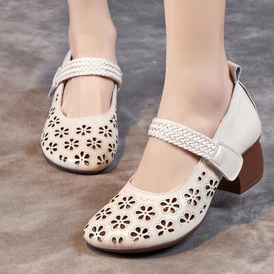 Women's Sandals Summer Soft Bottom Cave Shoes Cowhide Hollowing Velcro Retro Leather Shoes