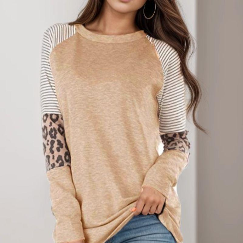 Cross-Border Fashion Autumn New round Neck Stripes Leopard Print Print Contrast Color Raglan Sleeve Long Sleeves T-shirt Women's Fashion All-Matching