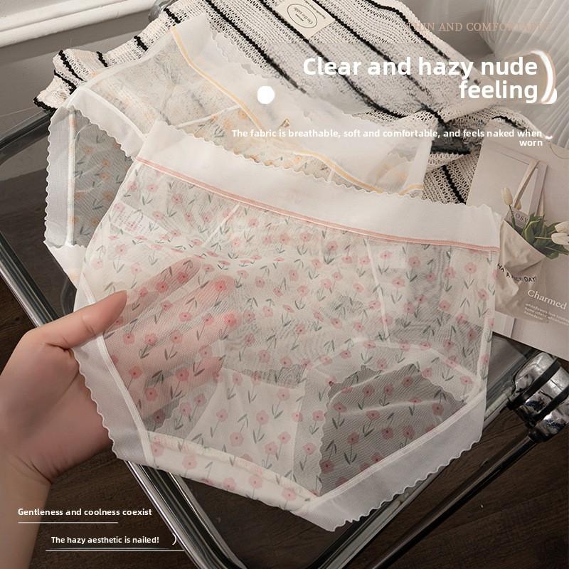 Damen Frühling Sommer Dünne Spitze Floral Transparentes Mesh Atmungsaktive Mittelhohe Taille Slips