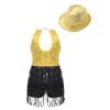 Girls Sequin Jumpsuit Dance Set Sleeveless Round Neck Keyhole Back with Hat Jazz Performance Competition Outfit