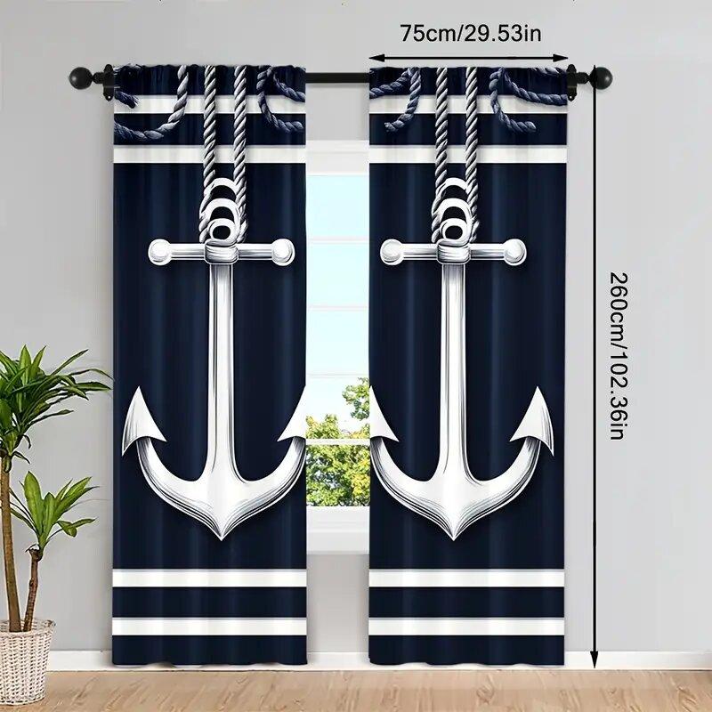 Sea Anchor Pattern Printed Curtains Window Decoration Home Room Curtain Made Of Polyester