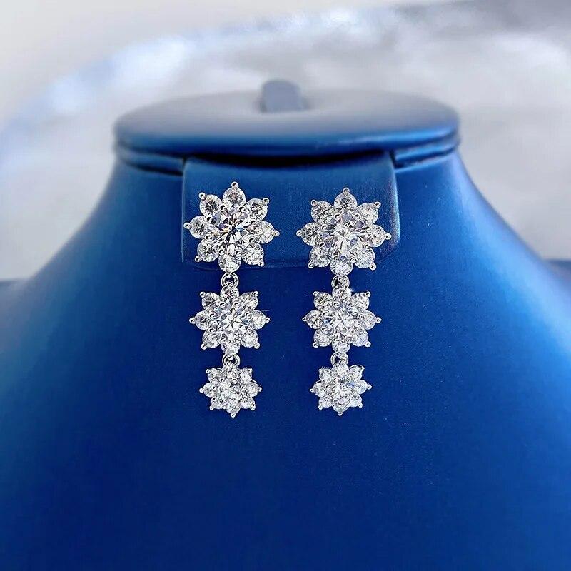 Sterling Funkelnde 100% 925 Silber 5A Zirkon Voller Diamanten Drei Blumen Ohrringe Für Frauen Partei Schmuck