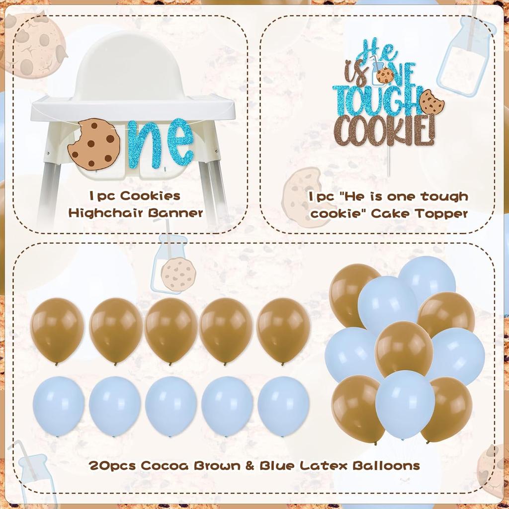 Milk and Cookies Boys First Birthday Party Decor, He Is One Tough Cookies Monthly Milestones Photo Banner Cake Cupcake Topper Balloons for Milk and