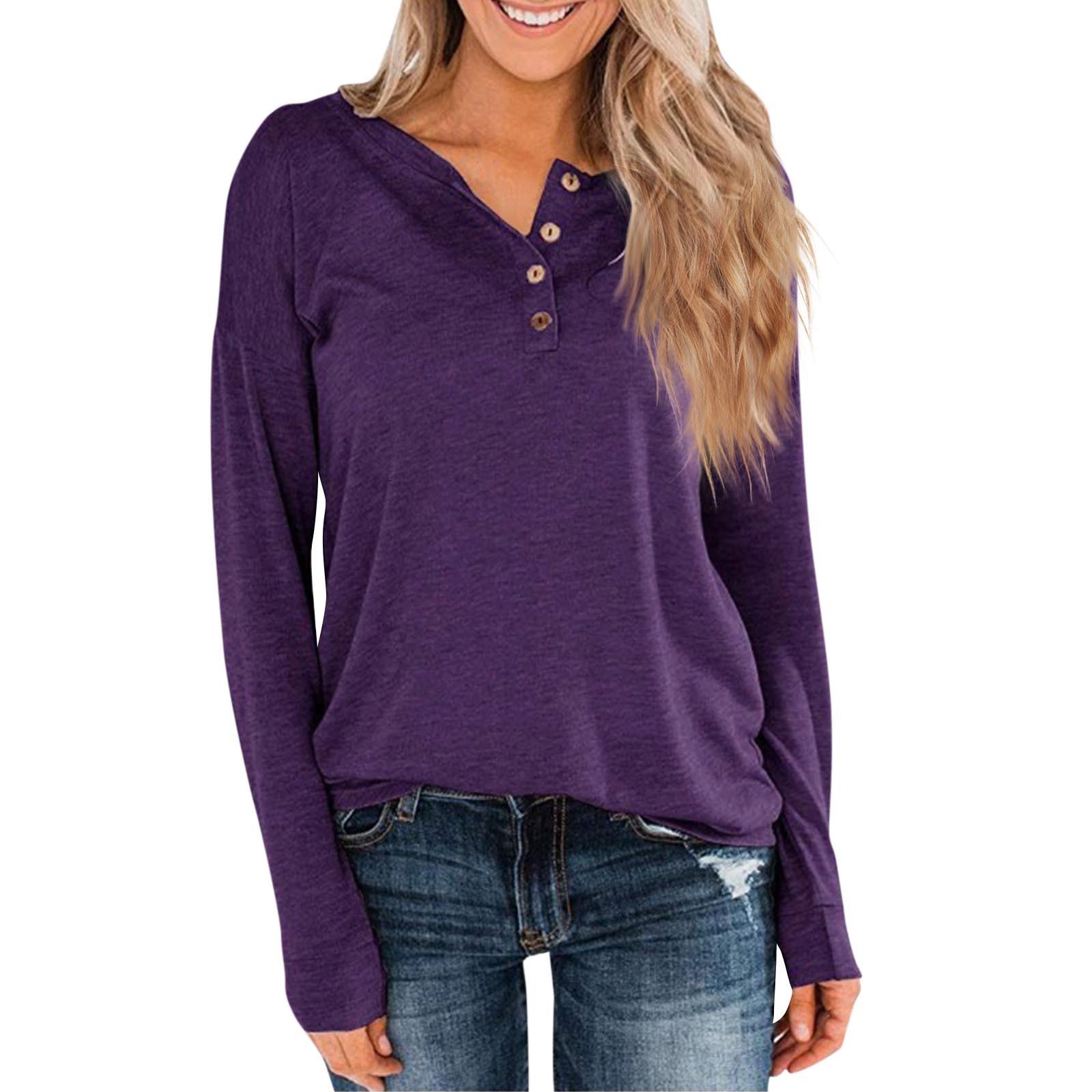 

Женская модная однотонная свободная футболка с круглым вырезом и пуговицами с длинными рукавами XXL фиолетовый