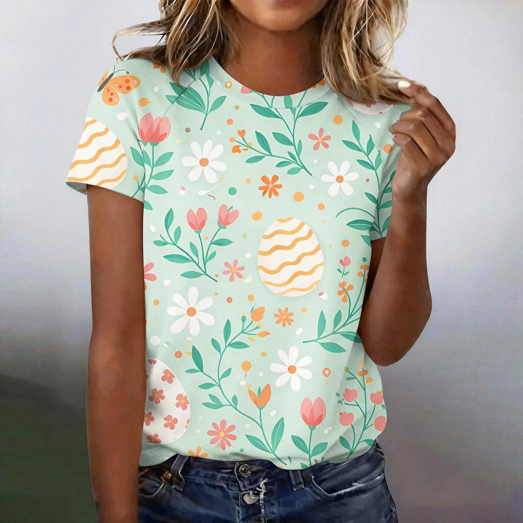 Women's Fashionable Casual Short-Sleeved Raglan Sleeve Easter Print T-Shirt Top