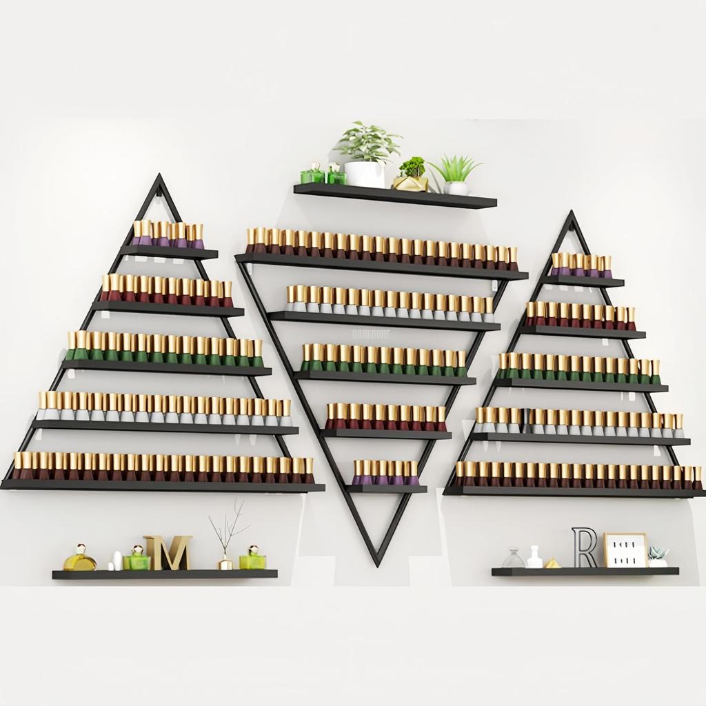 Elegant Gold Wall Mounted Nail Polish Rack - Set of 6 Triangular Cosmetic Display Shelves for Essential Oil Bottles, Organize Your Lipsticks and