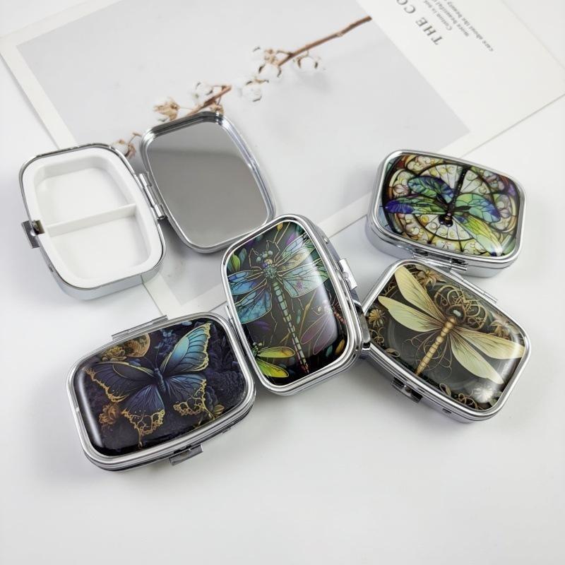 Square Two Compartment Metal Pill Box Portable Pill Box Stained Glass Insect Print Medicine Container For Travel Daily Carry